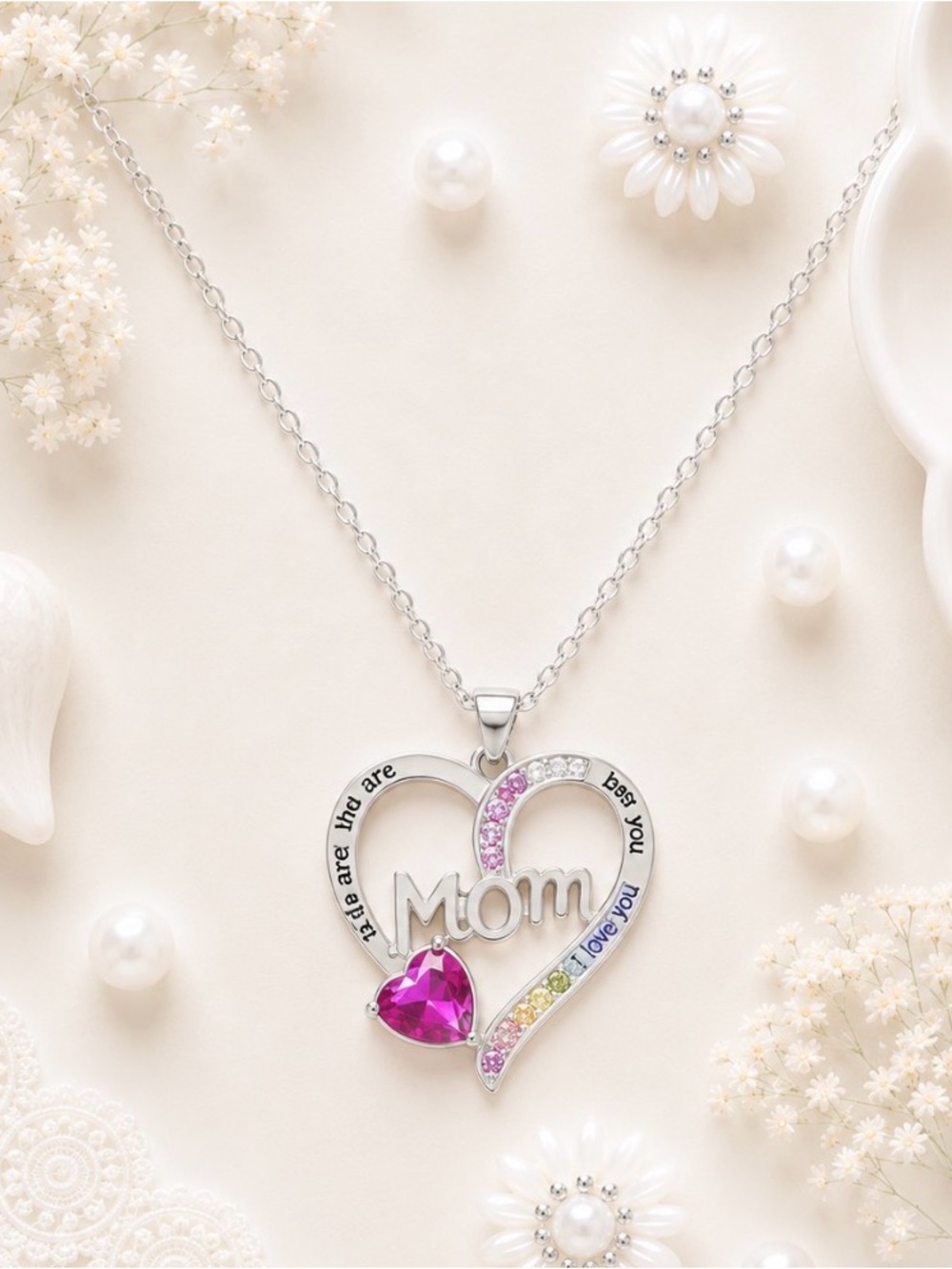 Silver 'Mom' Heart Pendant Necklace with Pink Crystal Accent
